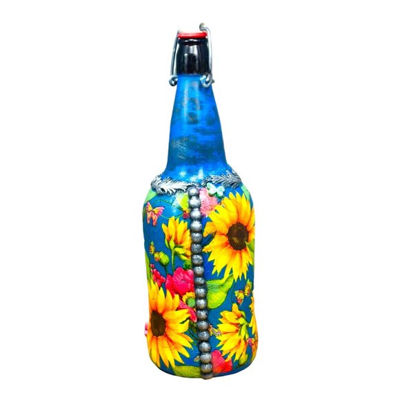 Hand Painted, Decoupaged and Molded Clay Grolsch-Style Bottle Poppy & Sunflowers - Picture 9 of 16